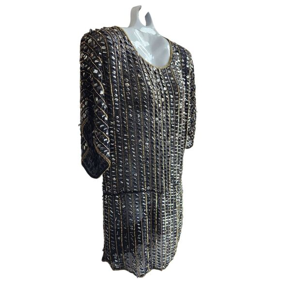 Parker NWT All Silk Hand Beaded Style Tunic/Dress-Art Deco-Black Gold-Flapper-S - Picture 2 of 15